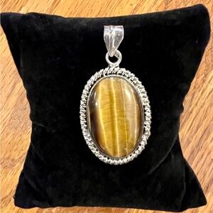 .925 Sterling Silver Pendant Yellow Gold Tiger's Eye 1 7/8" L x 1" W